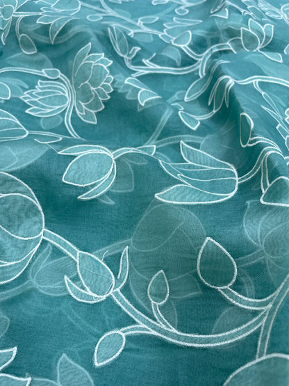 Pretty Classic Floral White Thread Embroidery With Patchwork On Pure Silk Organza Fabric