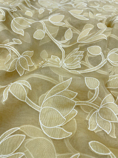 Pretty Classic Floral White Thread Embroidery With Patchwork On Pure Silk Organza Fabric