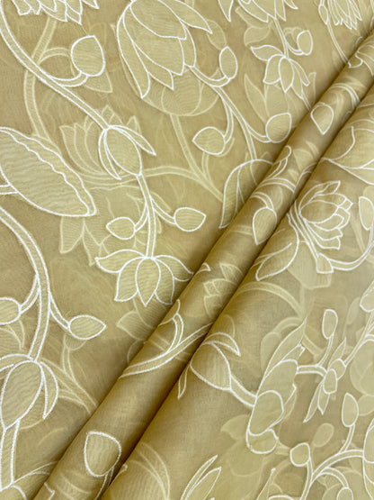 Pretty Classic Floral White Thread Embroidery With Patchwork On Pure Silk Organza Fabric