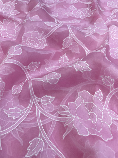 Subtle Yet Elegant Floral Thread Embroidery With Patchwork On Pure Silk Organza Fabric