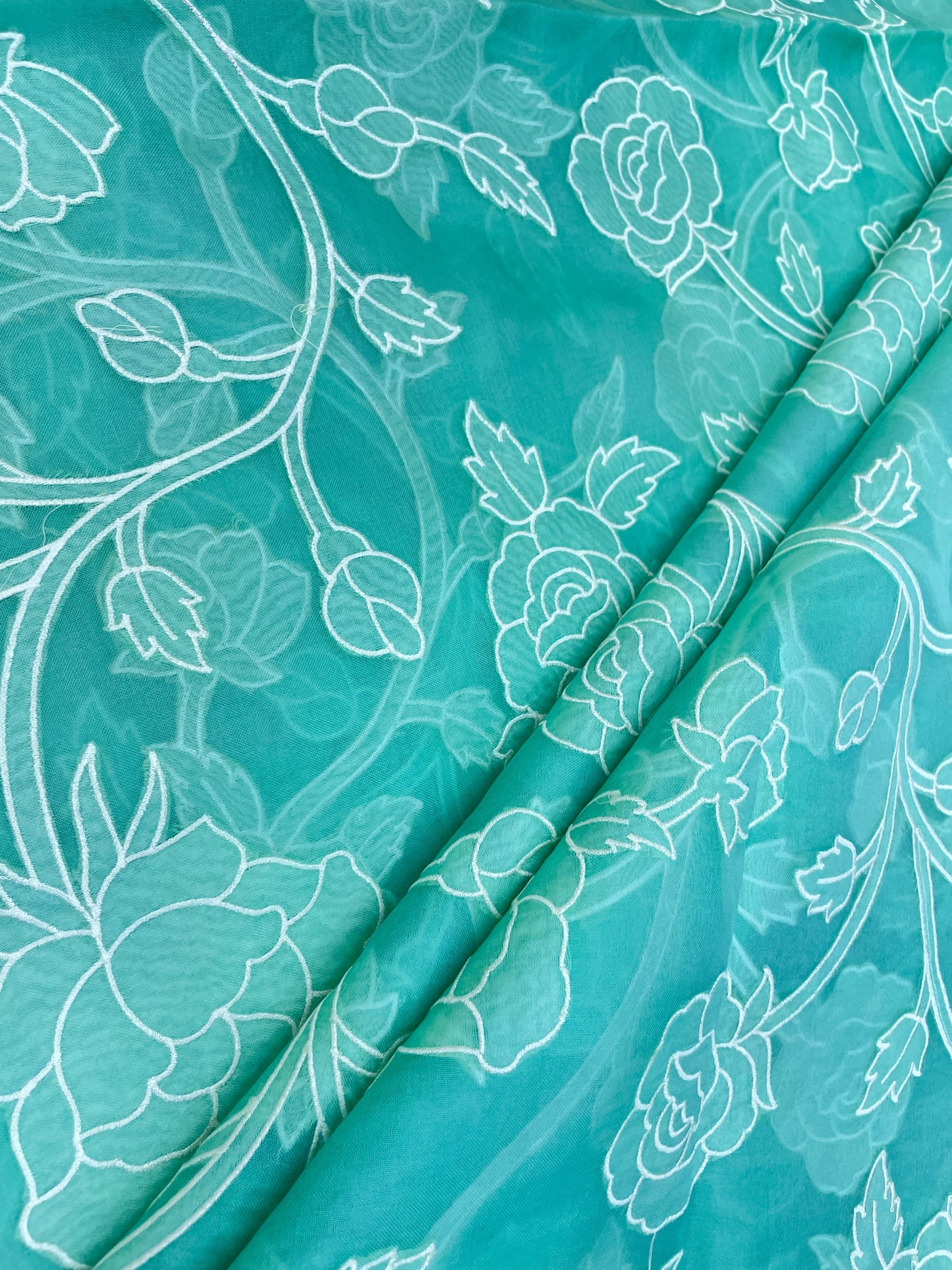 Subtle Yet Elegant Floral Thread Embroidery With Patchwork On Pure Silk Organza Fabric