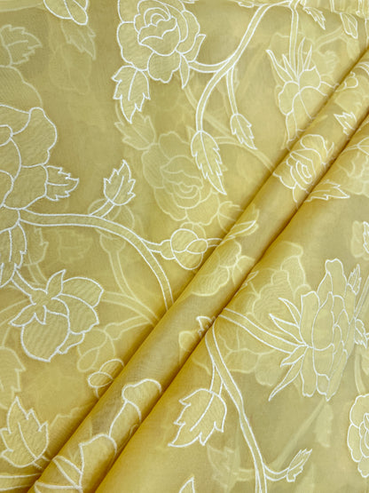 Subtle Yet Elegant Floral Thread Embroidery With Patchwork On Pure Silk Organza Fabric