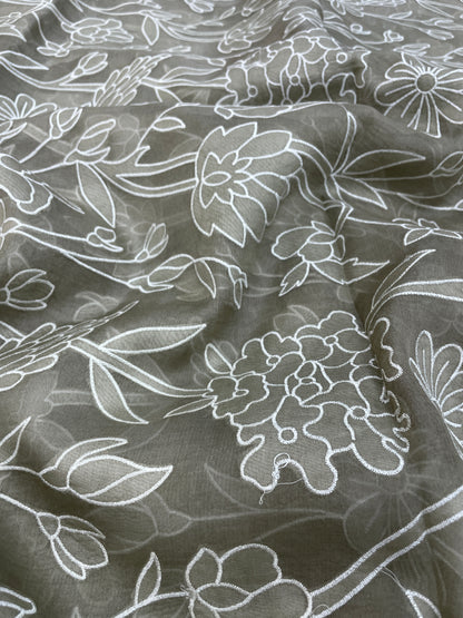 Luxurious Appealing Floral White Thread Embroidery With Patchwork On Pure Silk Organza Fabric