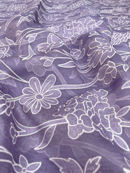 Luxurious Appealing Floral White Thread Embroidery With Patchwork On Pure Silk Organza Fabric