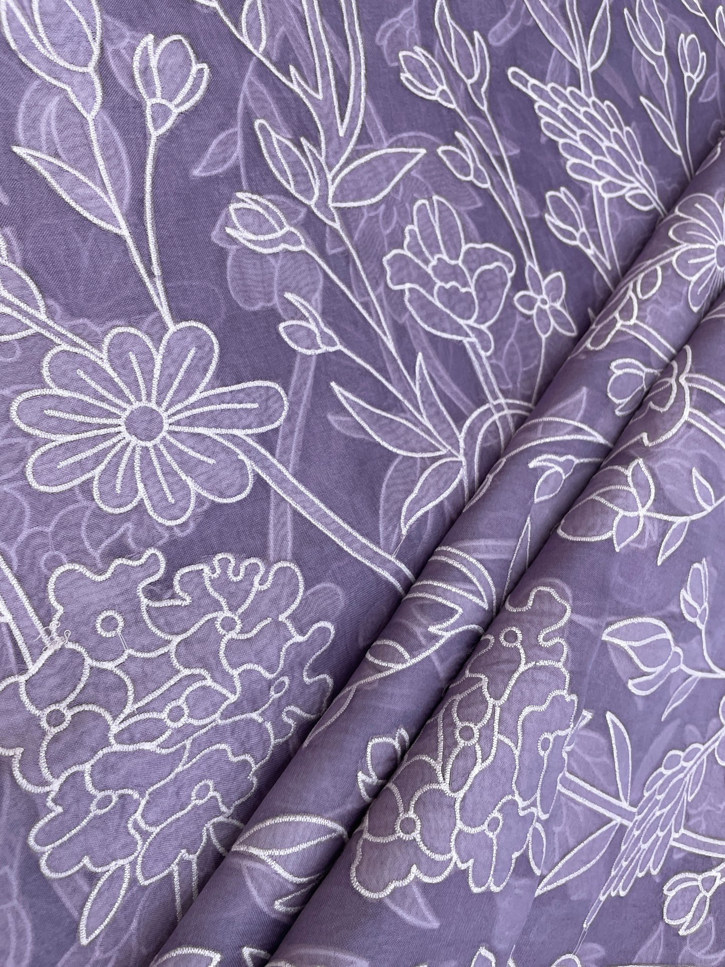 Luxurious Appealing Floral White Thread Embroidery With Patchwork On Pure Silk Organza Fabric