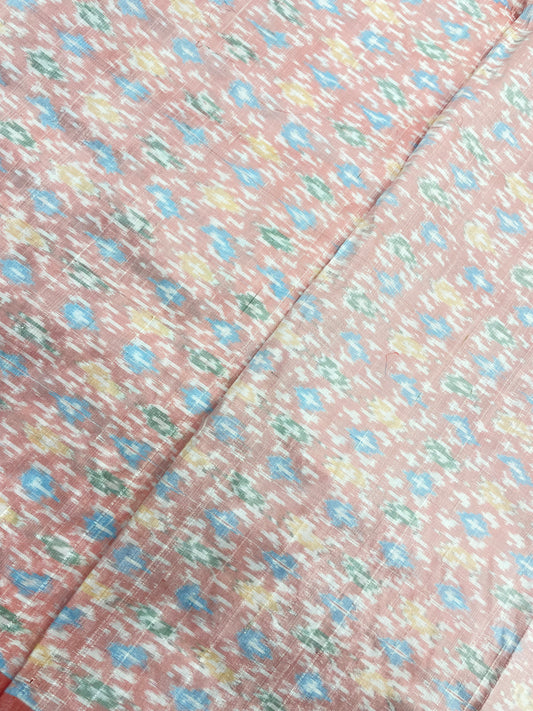 Subtle Baby Pink And Multicolor Print On Pure Raw Silk Ikat