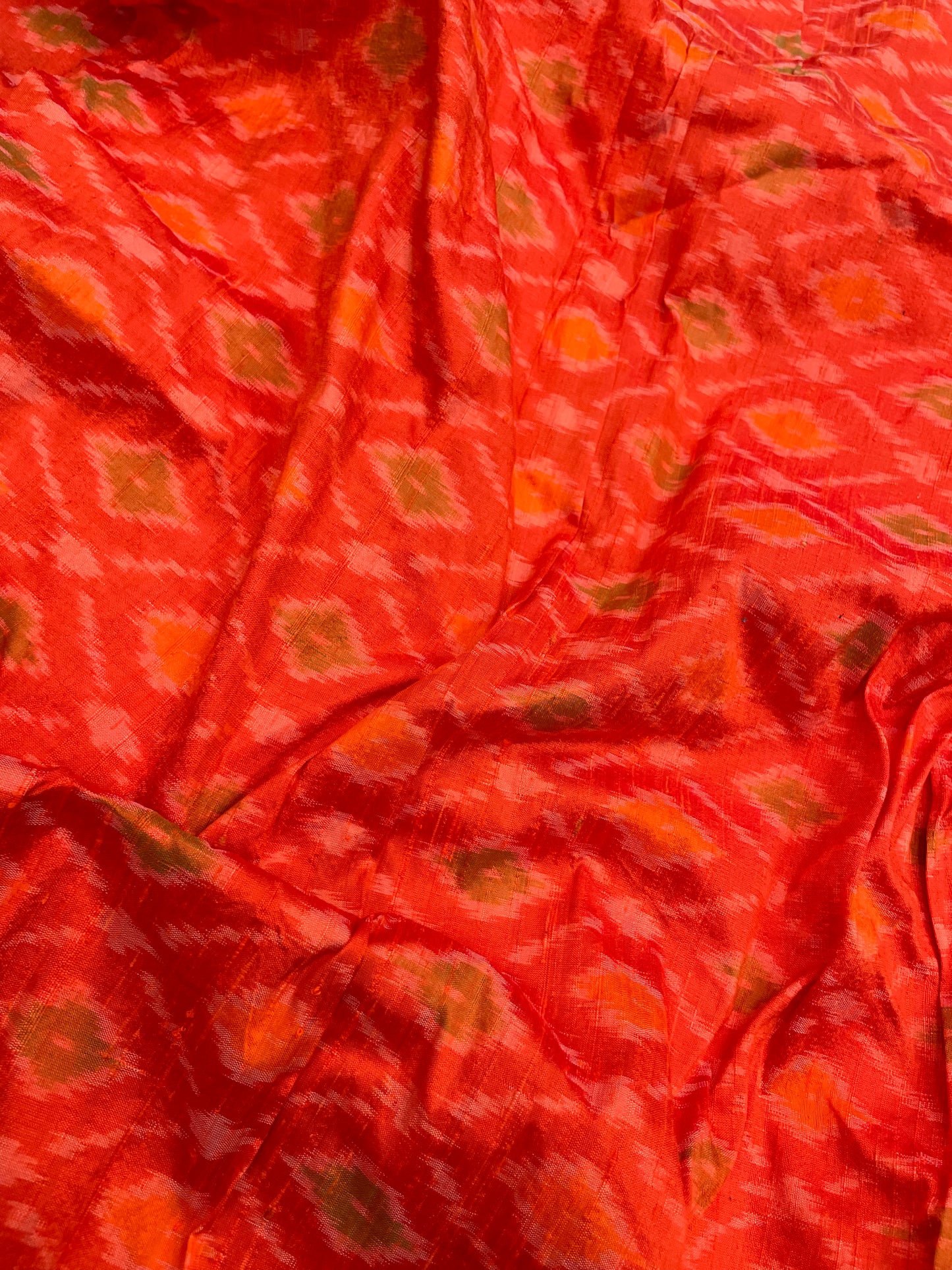 Eye Catching Orange Abstract Shaped Print On Pure Raw Silk Ikat