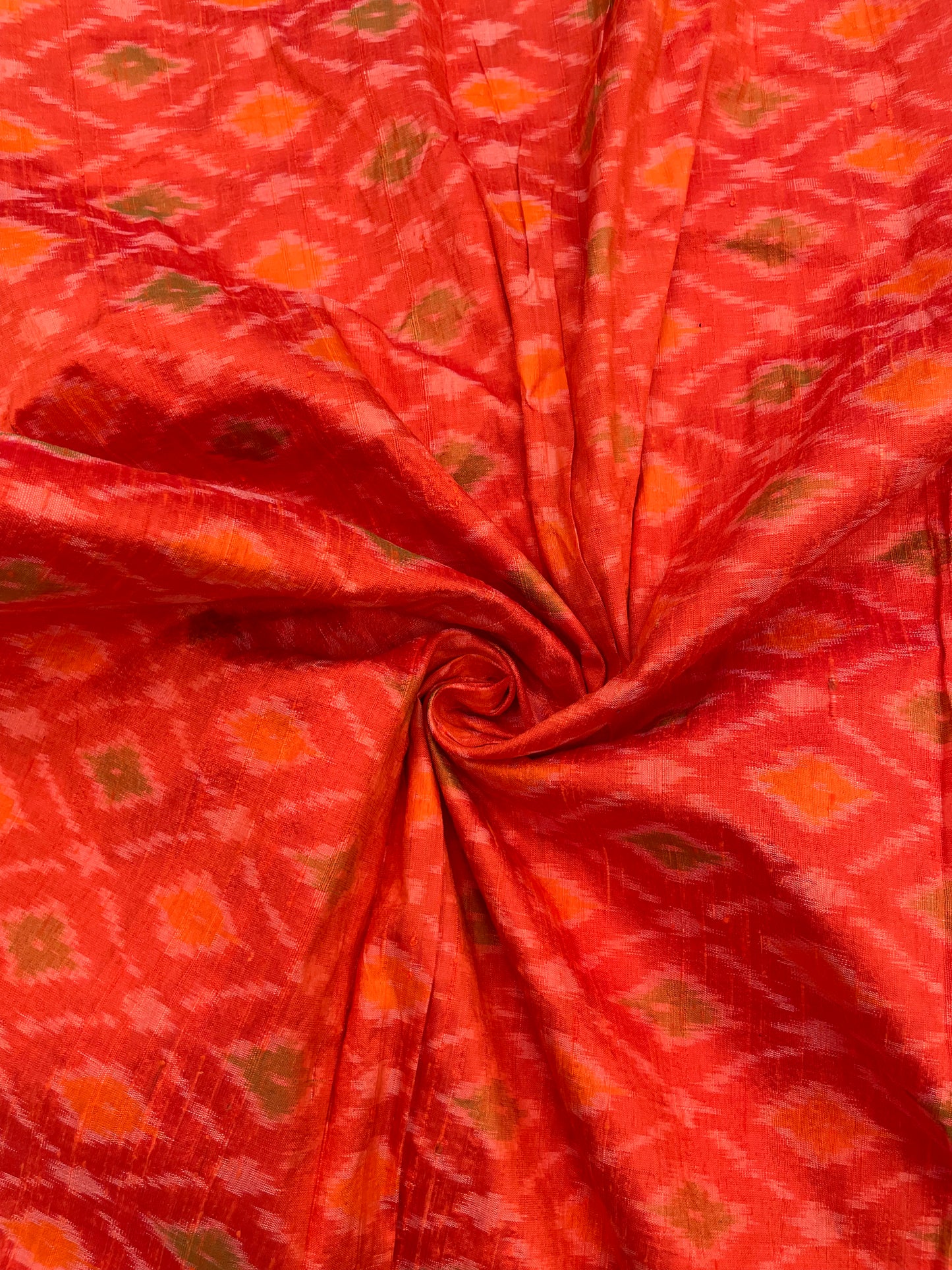 Eye Catching Orange Abstract Shaped Print On Pure Raw Silk Ikat