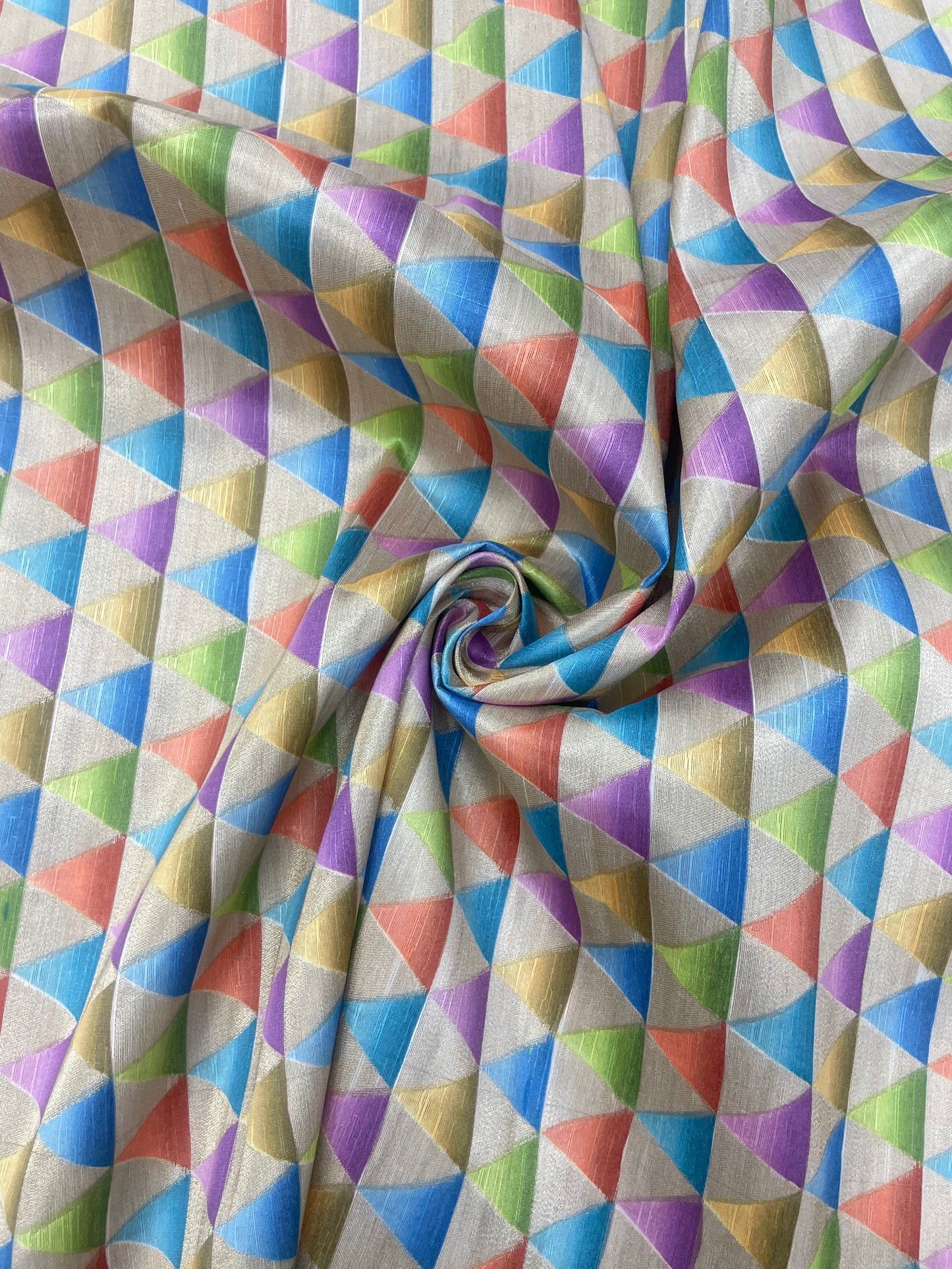 Adorable Multi Color Abstract Triangle Print On Dupion Silk Fabric