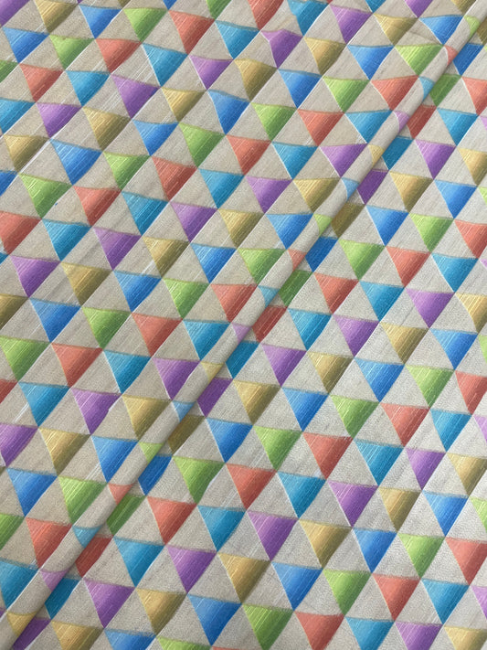 Adorable Multi Color Abstract Triangle Print On Dupion Silk Fabric