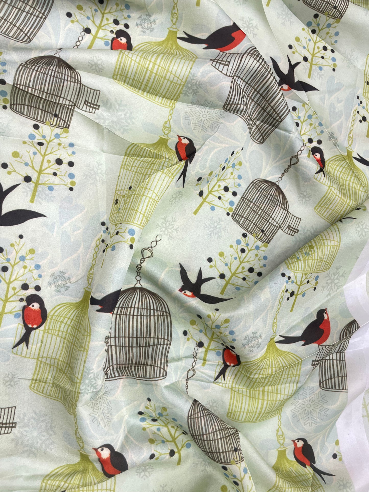 Exquisite Unique Cage And Bird Figure Print On Satin Fabric