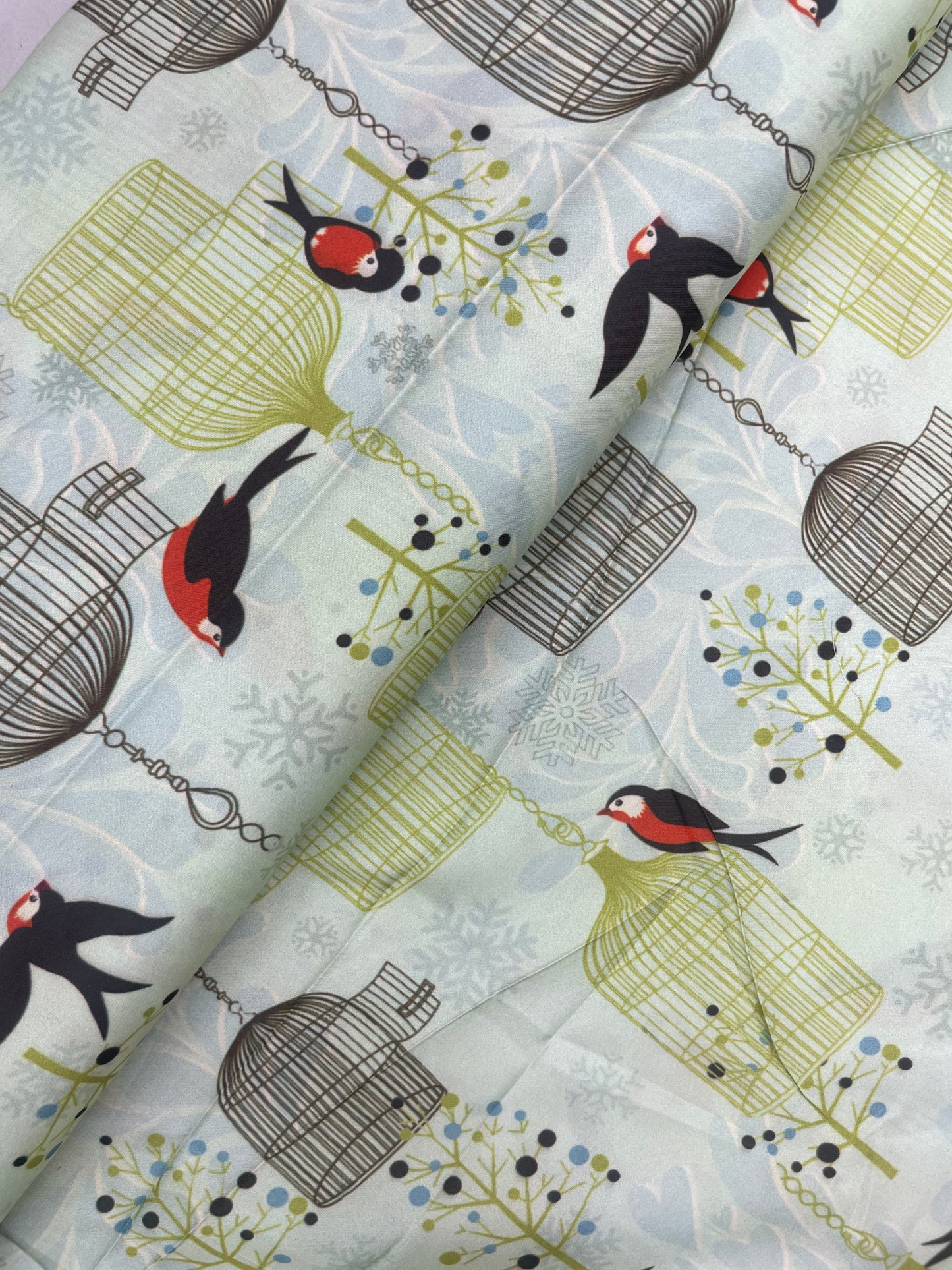 Exquisite Unique Cage And Bird Figure Print On Satin Fabric