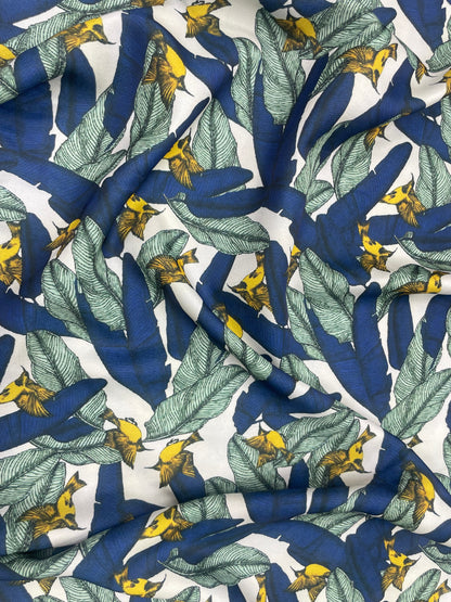 Magnificent Premium Bright Leaves And Bird Print All Over Satin Fabric