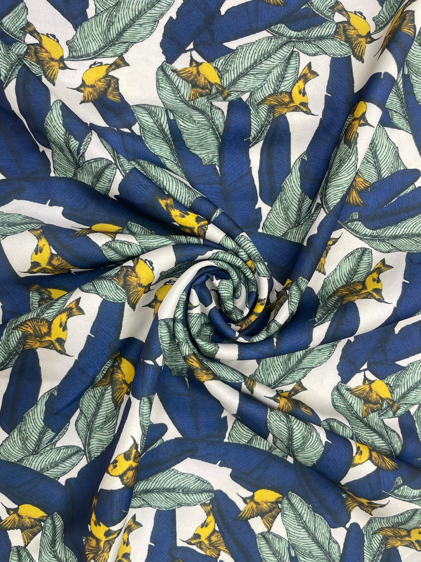 Magnificent Premium Bright Leaves And Bird Print All Over Satin Fabric