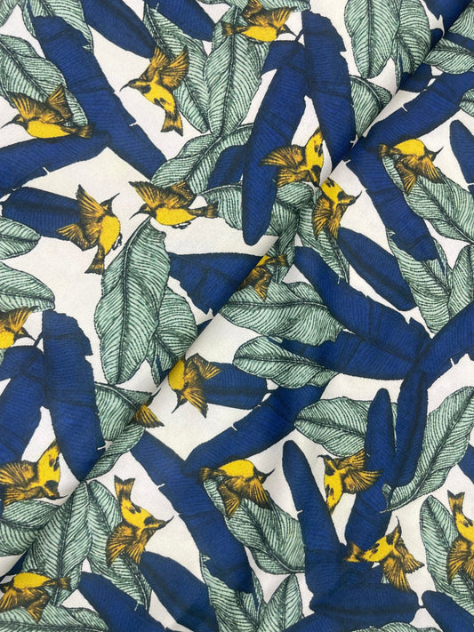 Magnificent Premium Bright Leaves And Bird Print All Over Satin Fabric