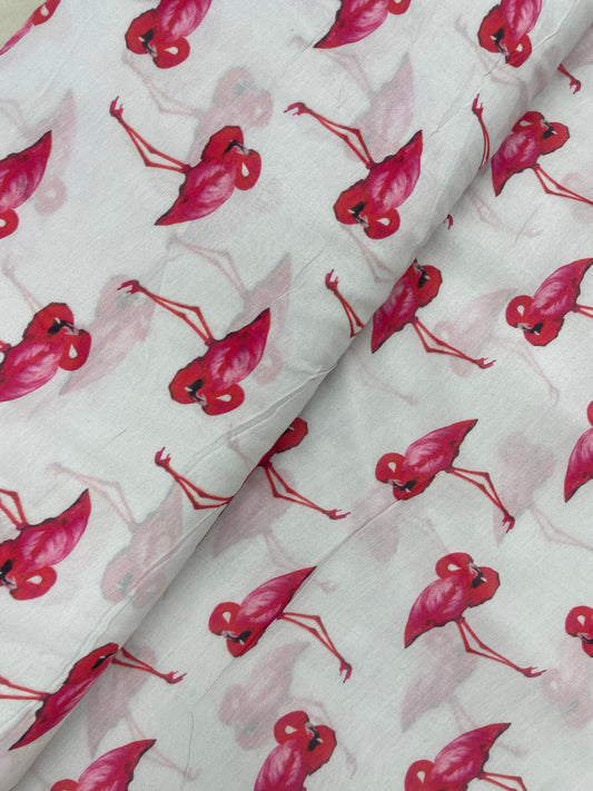 Beautiful Glorious Pretty Pink Flamingo Figure Print On Satin Silk Fabric
