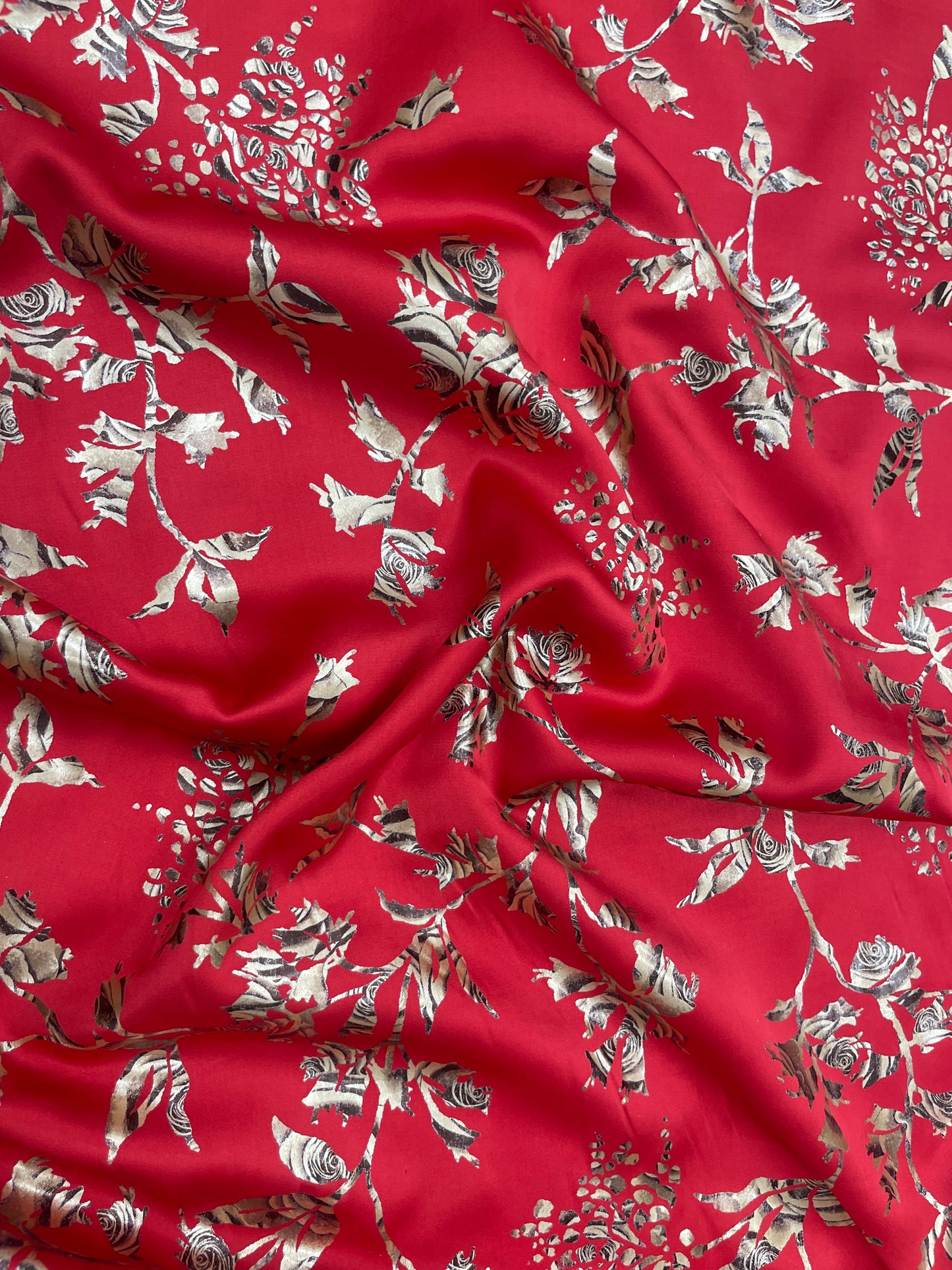 Luxurious Shiny Beautiful Rose Foil Print On Red Satin Fabric