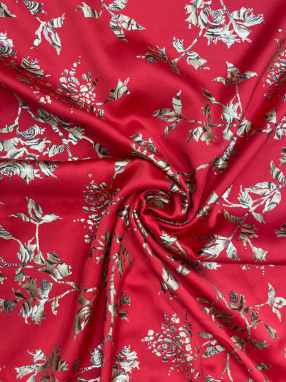 Luxurious Shiny Beautiful Rose Foil Print On Red Satin Fabric