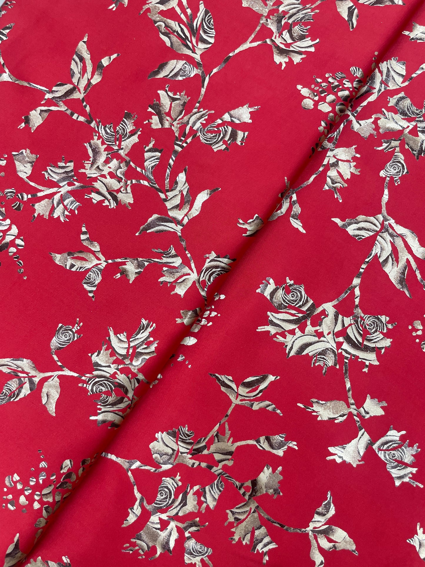 Luxurious Shiny Beautiful Rose Foil Print On Red Satin Fabric