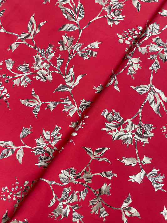 Luxurious Shiny Beautiful Rose Foil Print On Red Satin Fabric
