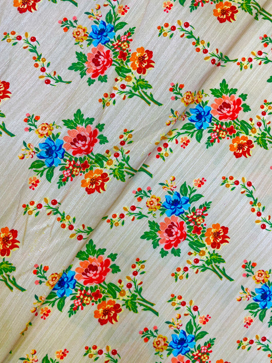 Attractive Luxurious Multi Color Floral Bunch Print On Semi Tussar Fabric