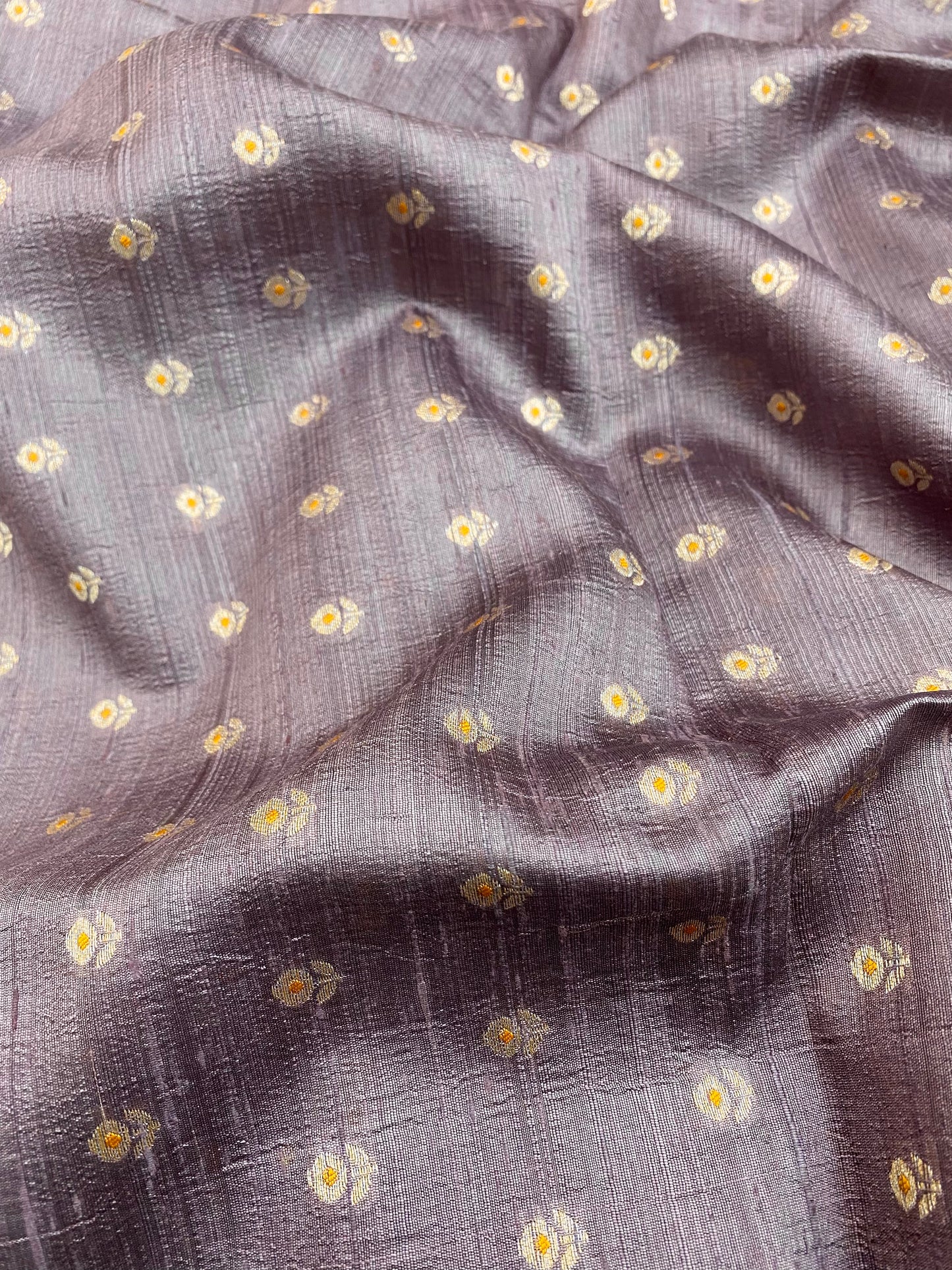 Gorgeous Appealing Golden Flower Butti On Pure Silk Fabric