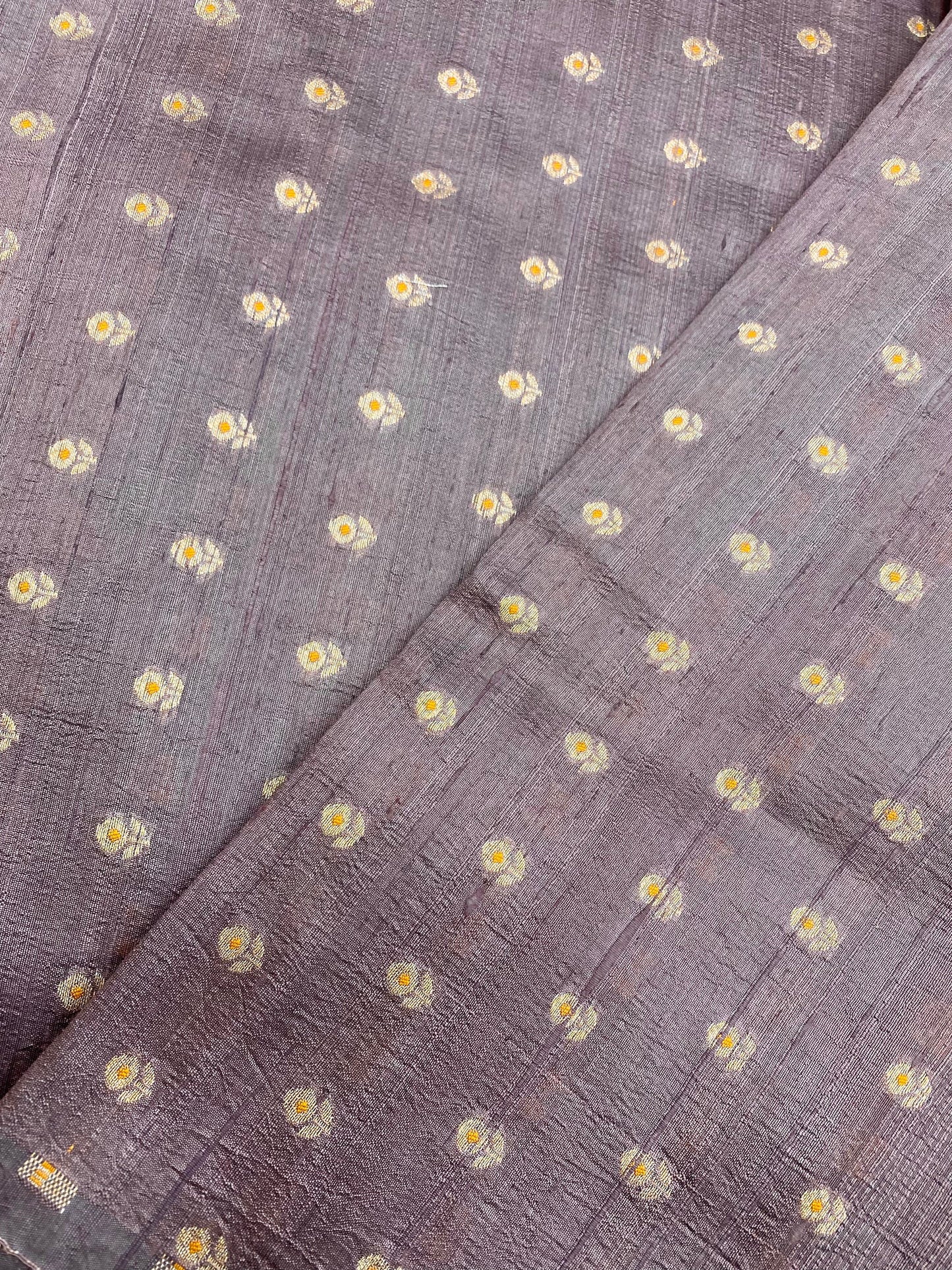 Gorgeous Appealing Golden Flower Butti On Pure Silk Fabric