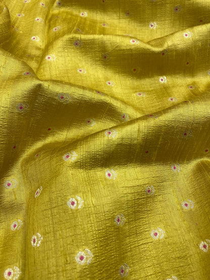 Gorgeous Appealing Golden Flower Butti On Pure Silk Fabric