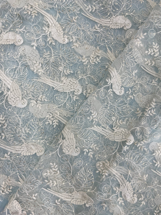 Perfect Unique Wonderful White Bird And Floral Thread Embroidery With Dainty Sequin Work On Silk Organza Fabric