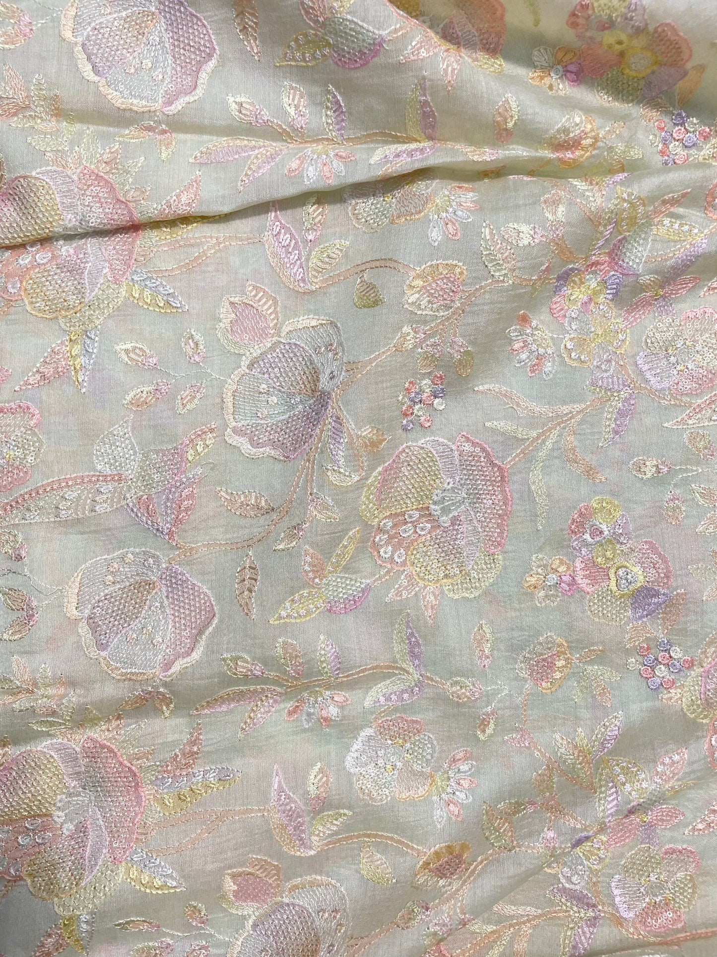 Adorable Delicate Pastel Floral And Leafy Embroidery And Print On Pure Silk Fabric