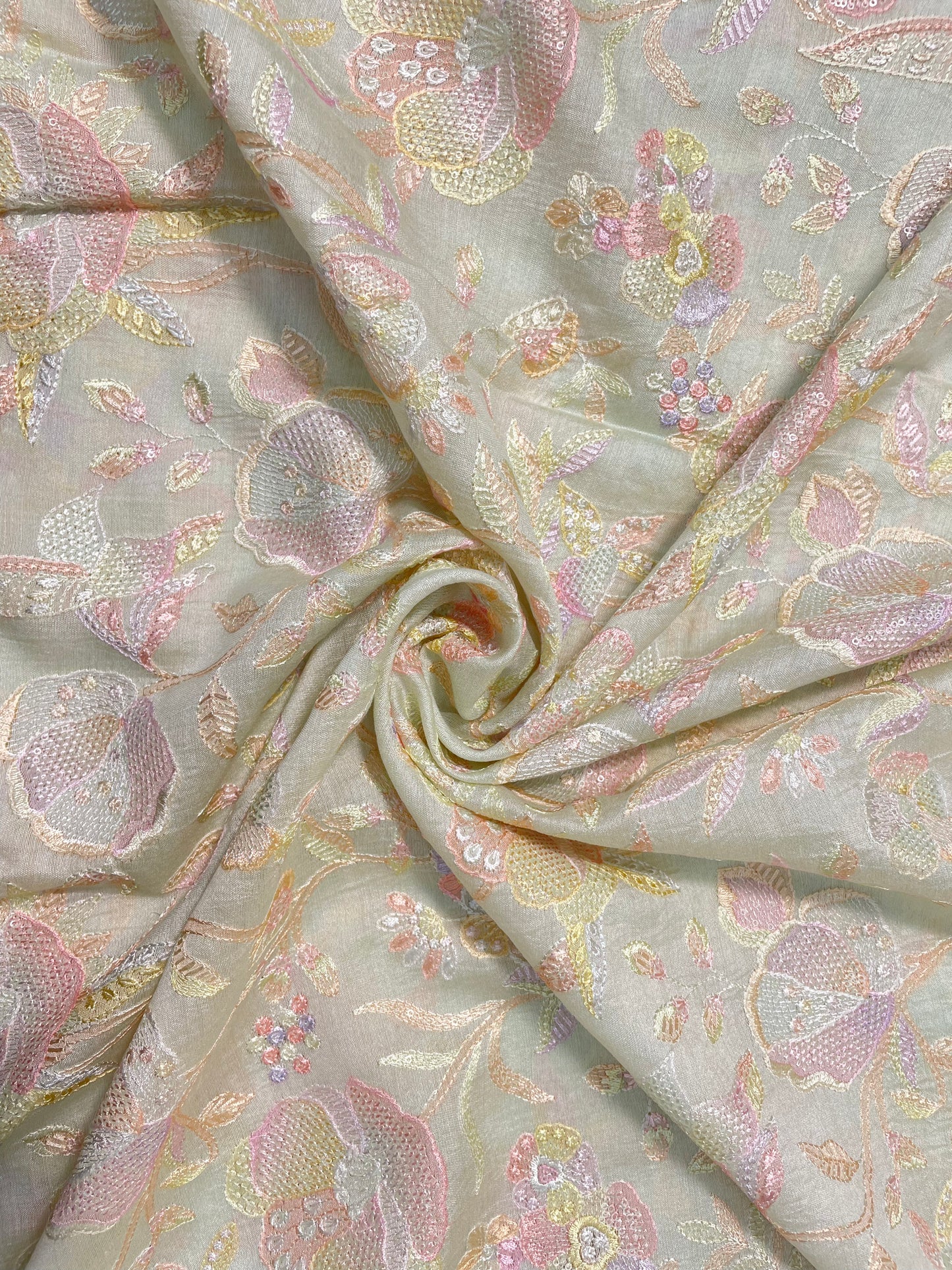 Adorable Delicate Pastel Floral And Leafy Embroidery And Print On Pure Silk Fabric