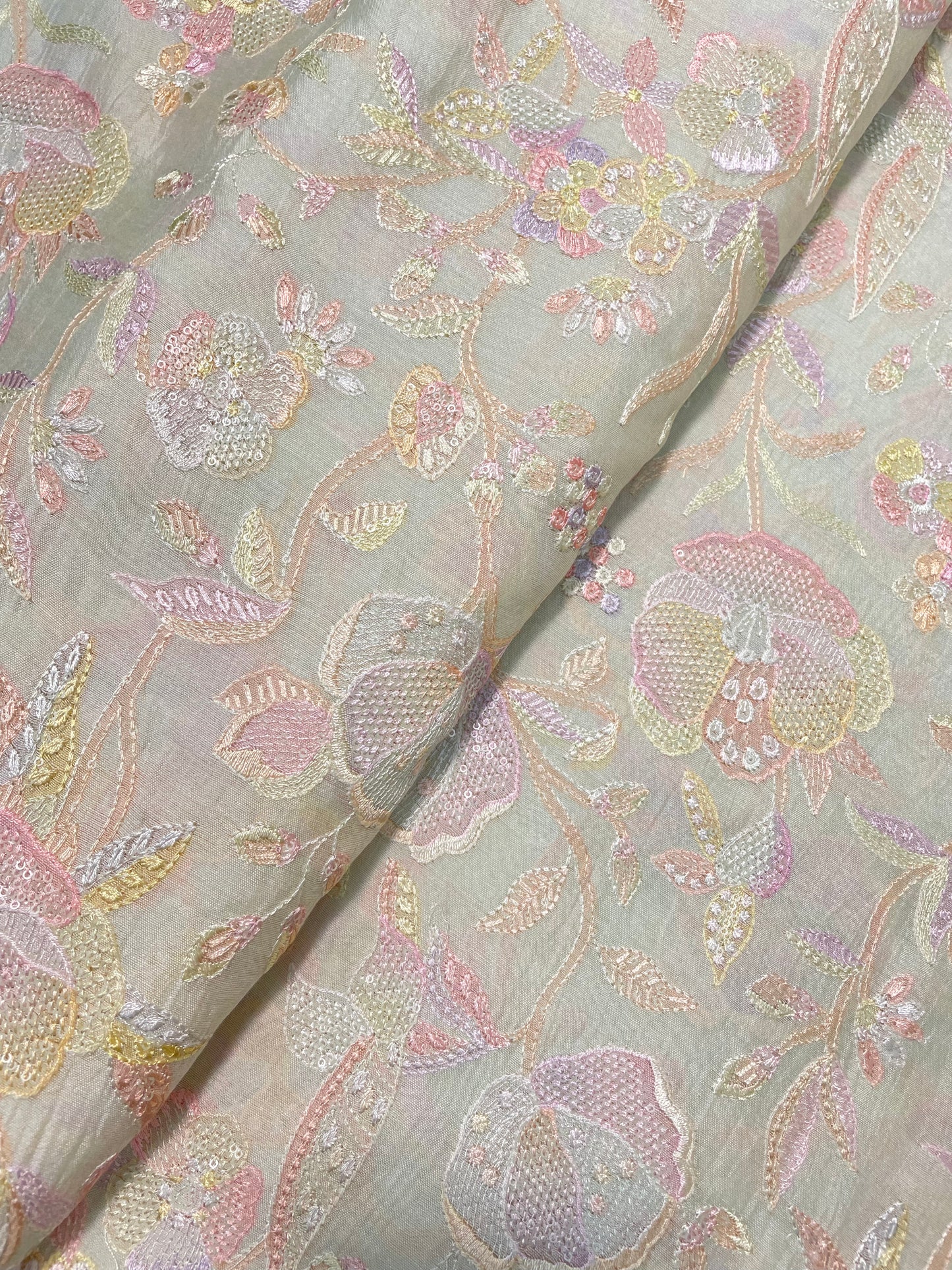 Adorable Delicate Pastel Floral And Leafy Embroidery And Print On Pure Silk Fabric