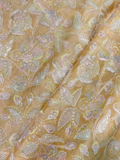 Classic Premium Colorful Floral Thread Embroidery And Print With Sequin Work On Pure Silk Fabric