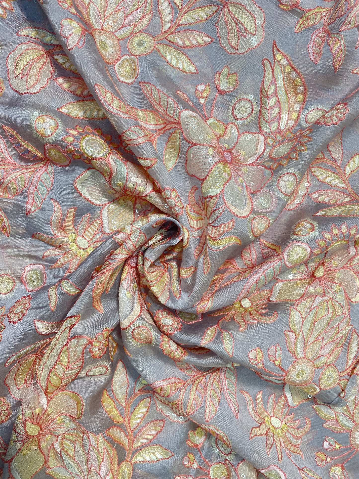 Elegant Beautiful Leafy Thread Embroidery And Print With Sequin Work On Pure Silk Fabric