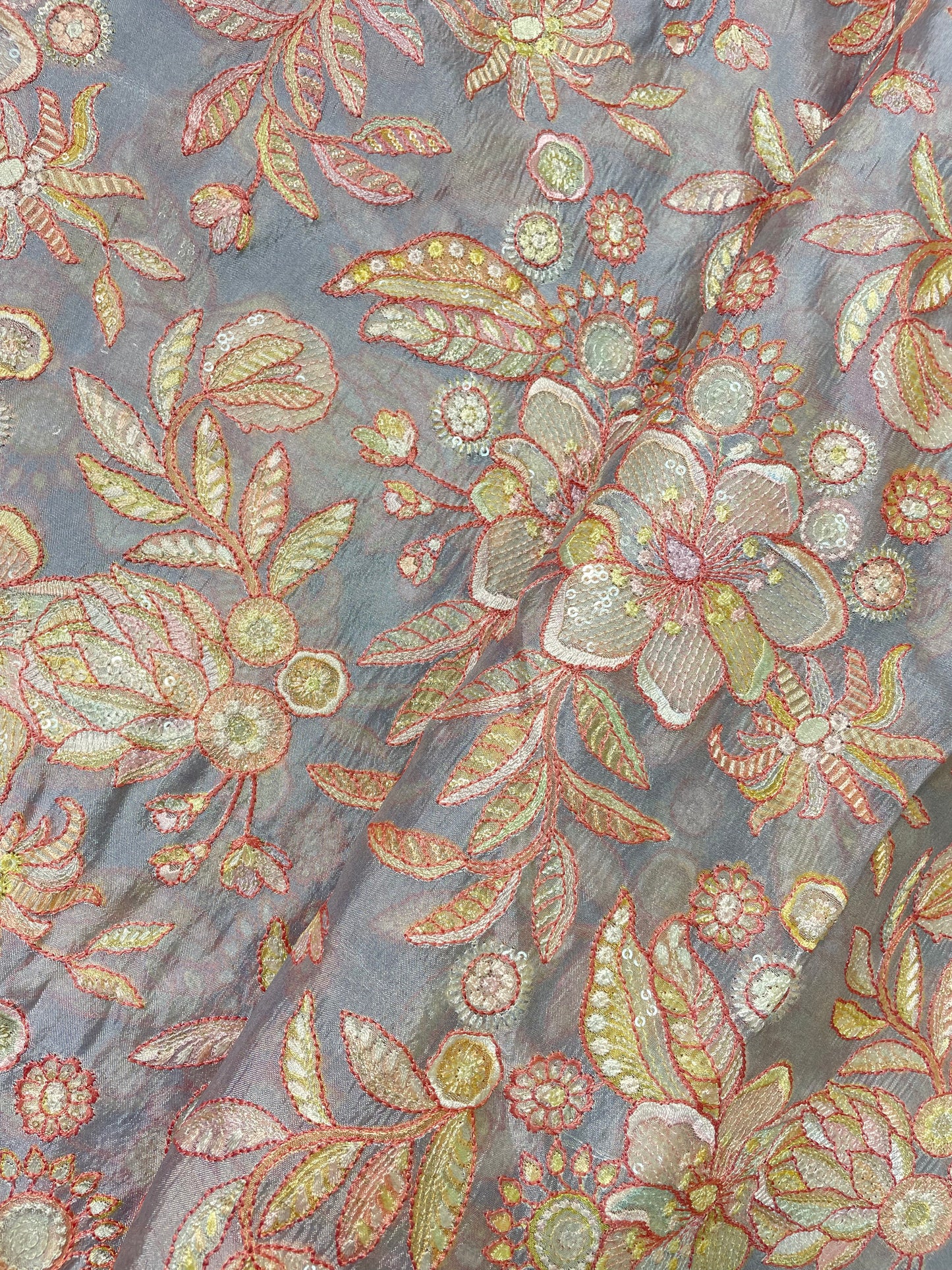 Elegant Beautiful Leafy Thread Embroidery And Print With Sequin Work On Pure Silk Fabric