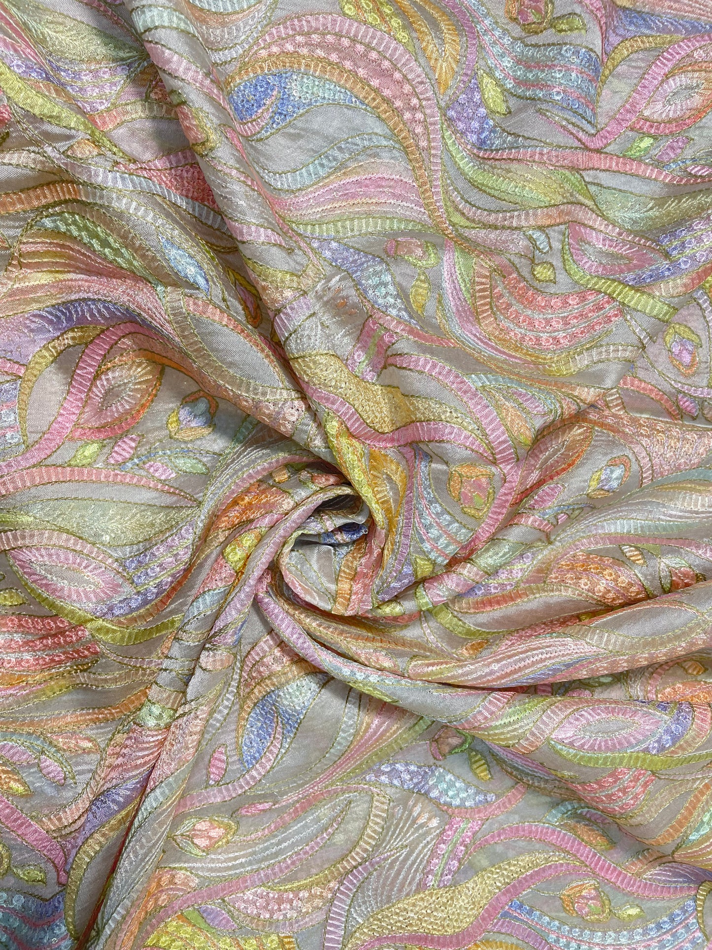 Pleasant Glorious Multi Color Thread Embroidery And Print On Pure Silk Fabric