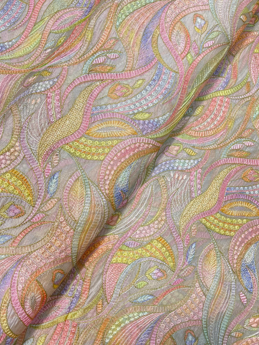 Pleasant Glorious Multi Color Thread Embroidery And Print On Pure Silk Fabric