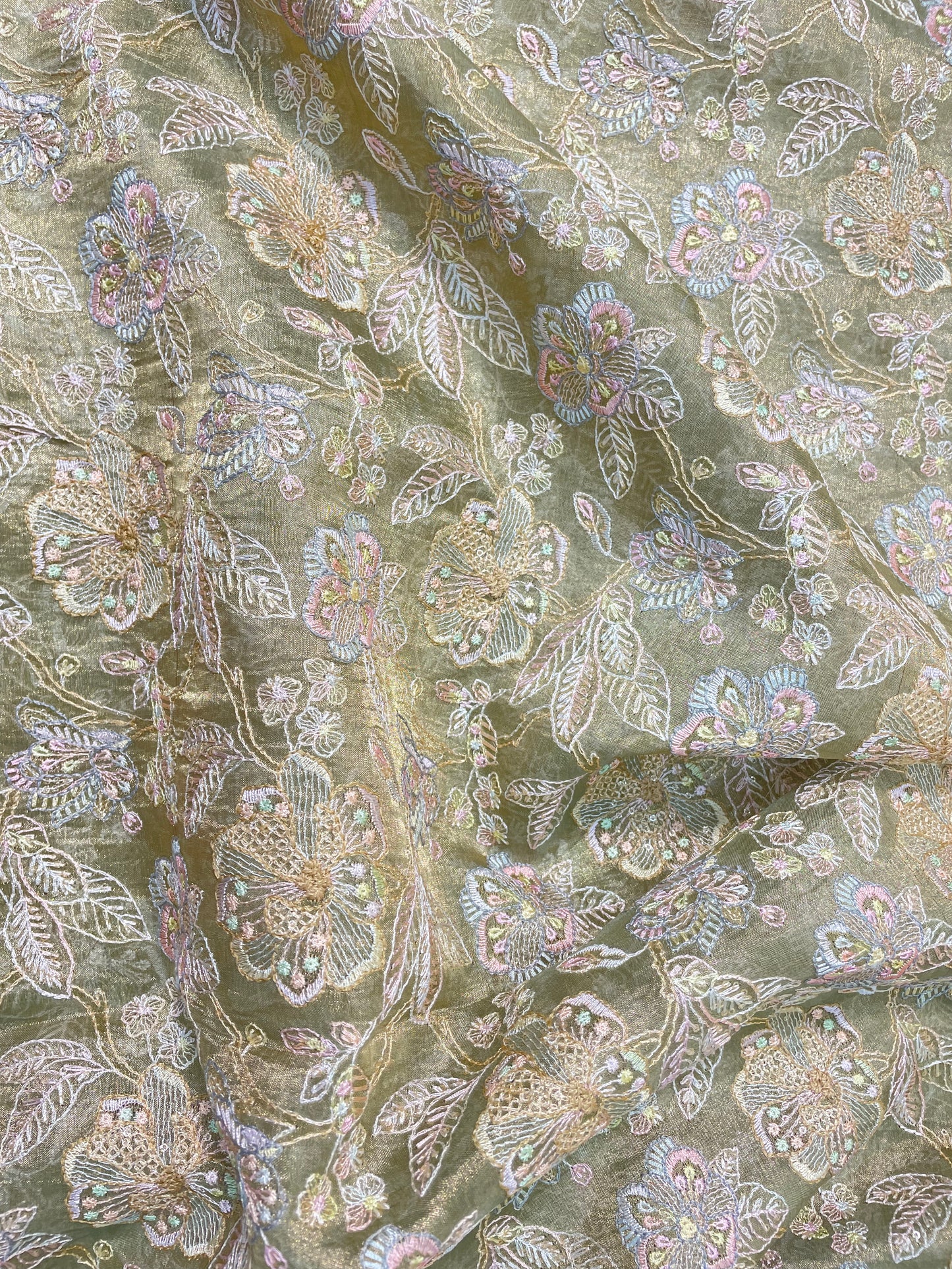 Unique Exquisite Leafy And Floral Thread Embroidery And Print With Sequin Work On Pure Silk Fabric