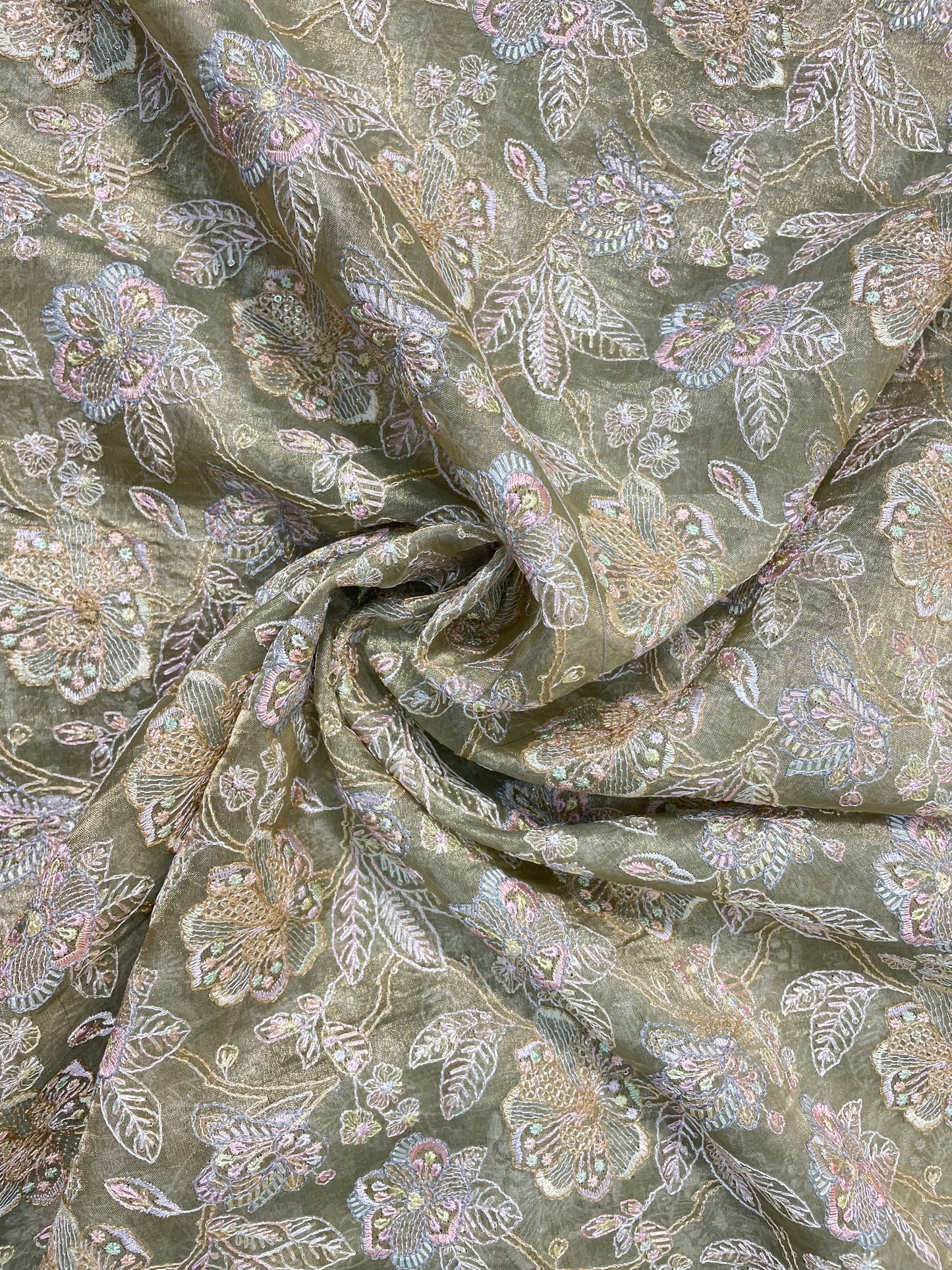 Unique Exquisite Leafy And Floral Thread Embroidery And Print With Sequin Work On Pure Silk Fabric