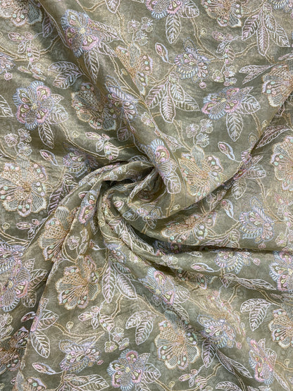 Unique Exquisite Leafy And Floral Thread Embroidery And Print With Sequin Work On Pure Silk Fabric