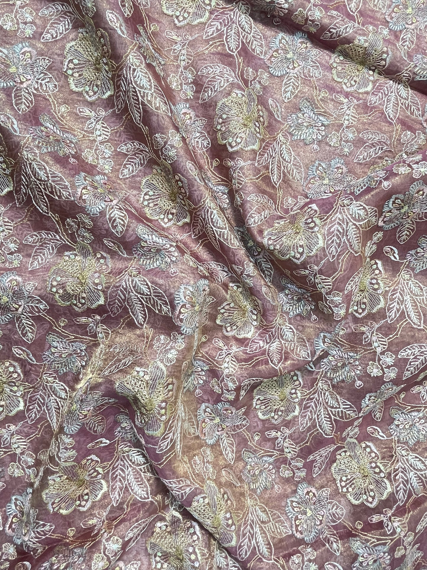 Beautiful Gorgeous Floral And Leafy Thread Embroidery And Print With Sequin Work On Pure Silk Fabric