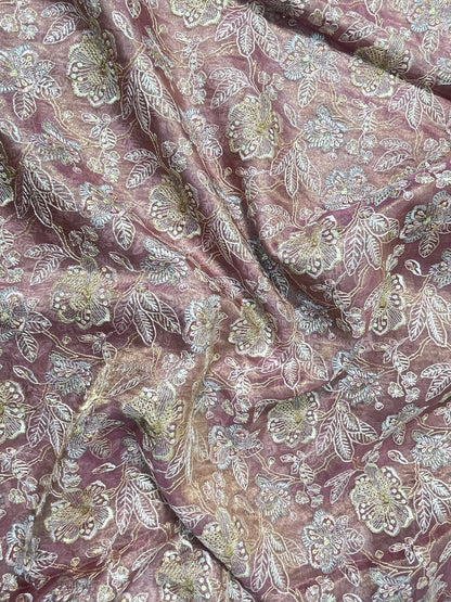 Beautiful Gorgeous Floral And Leafy Thread Embroidery And Print With Sequin Work On Pure Silk Fabric