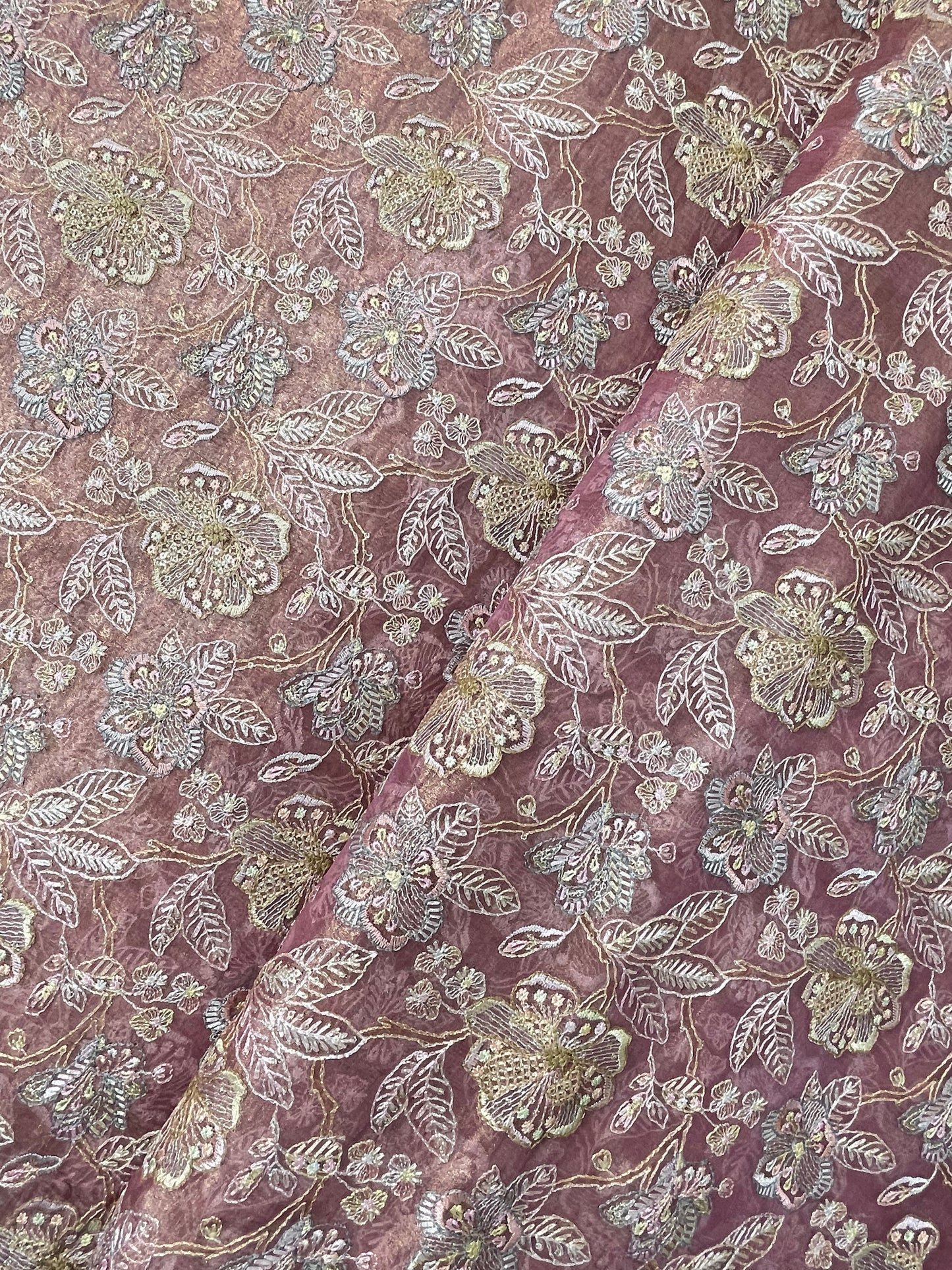 Beautiful Gorgeous Floral And Leafy Thread Embroidery And Print With Sequin Work On Pure Silk Fabric