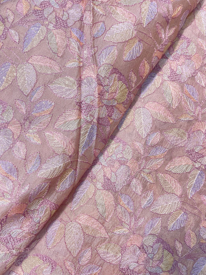 Eye Catching Bright Leafy Thread Embroidery And Print On Pure Silk Fabric