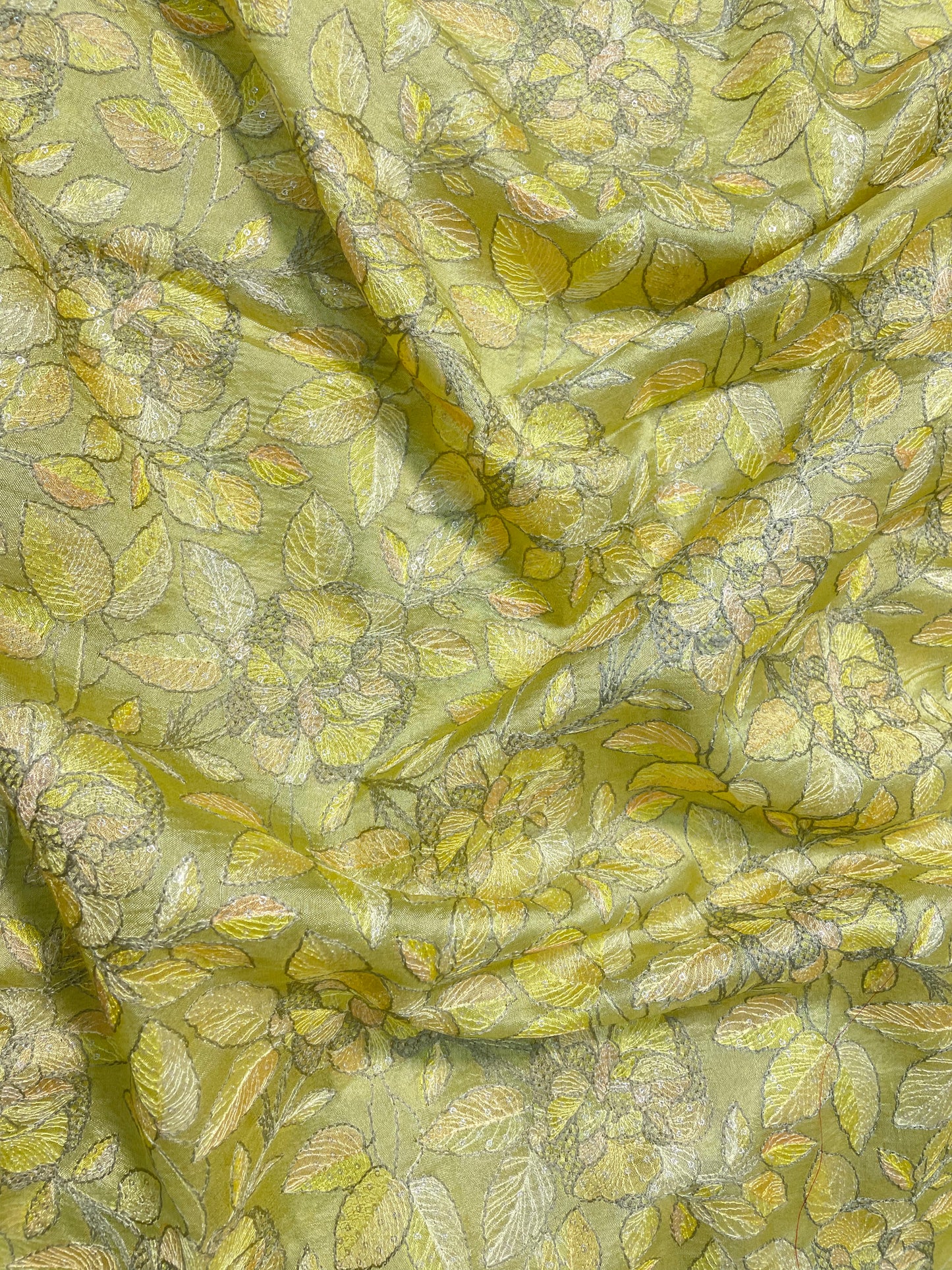 Eye Catching Bright Leafy Thread Embroidery And Print On Pure Silk Fabric