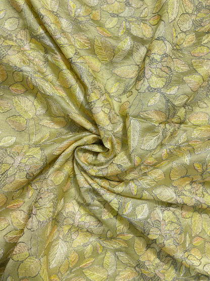 Eye Catching Bright Leafy Thread Embroidery And Print On Pure Silk Fabric