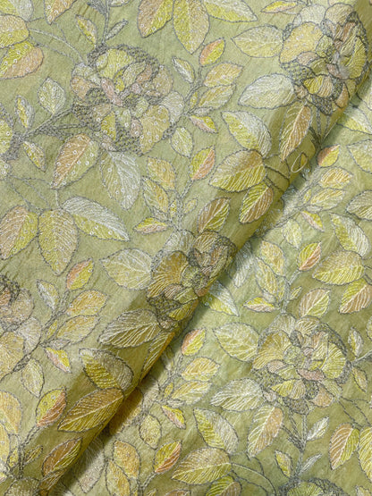 Eye Catching Bright Leafy Thread Embroidery And Print On Pure Silk Fabric