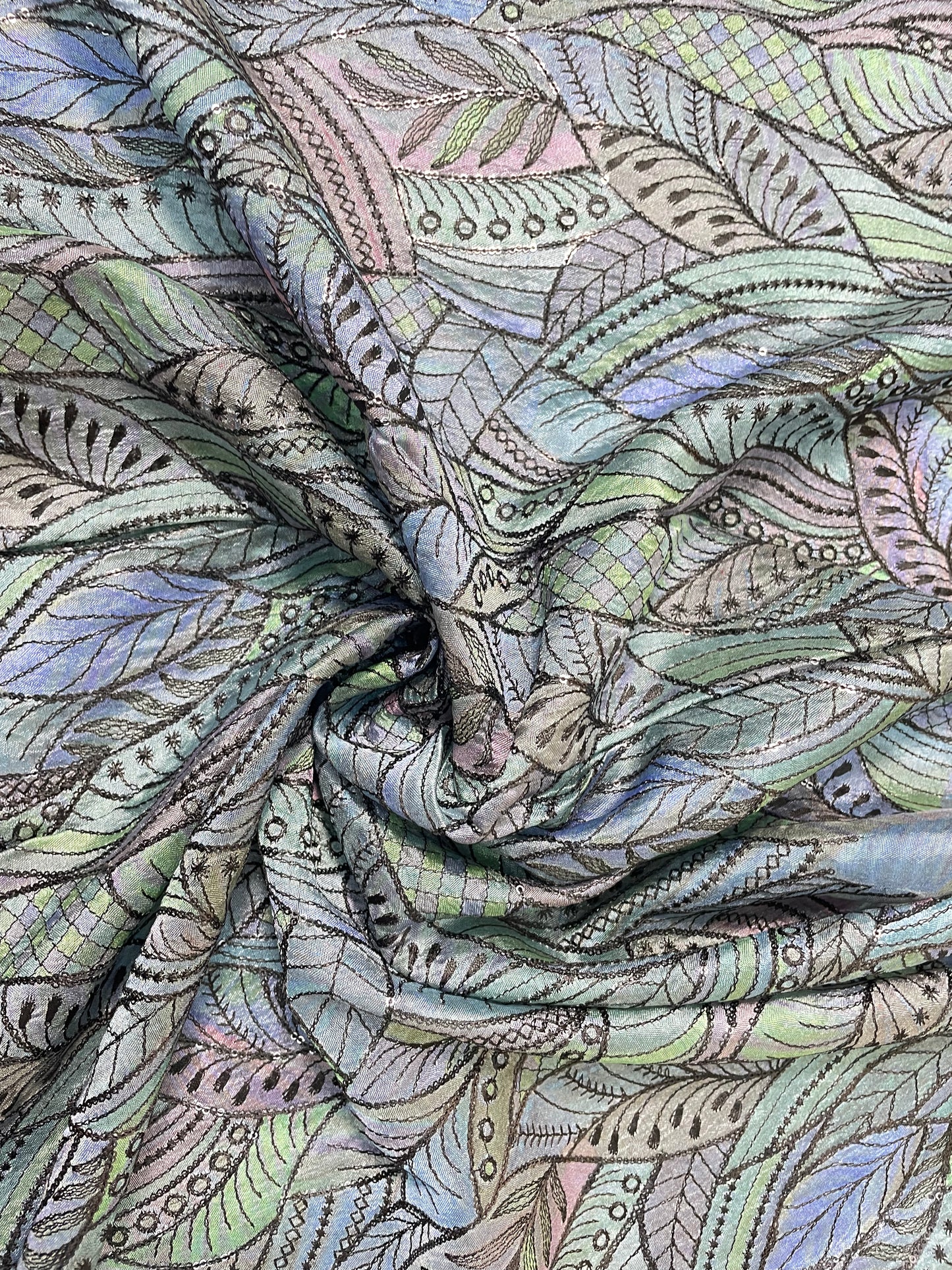 Magnificent Top Notch Leafy Thread Embroidery And Print With Sequin Work On Pure Silk Fabric