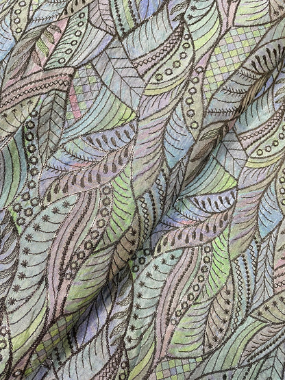 Magnificent Top Notch Leafy Thread Embroidery And Print With Sequin Work On Pure Silk Fabric