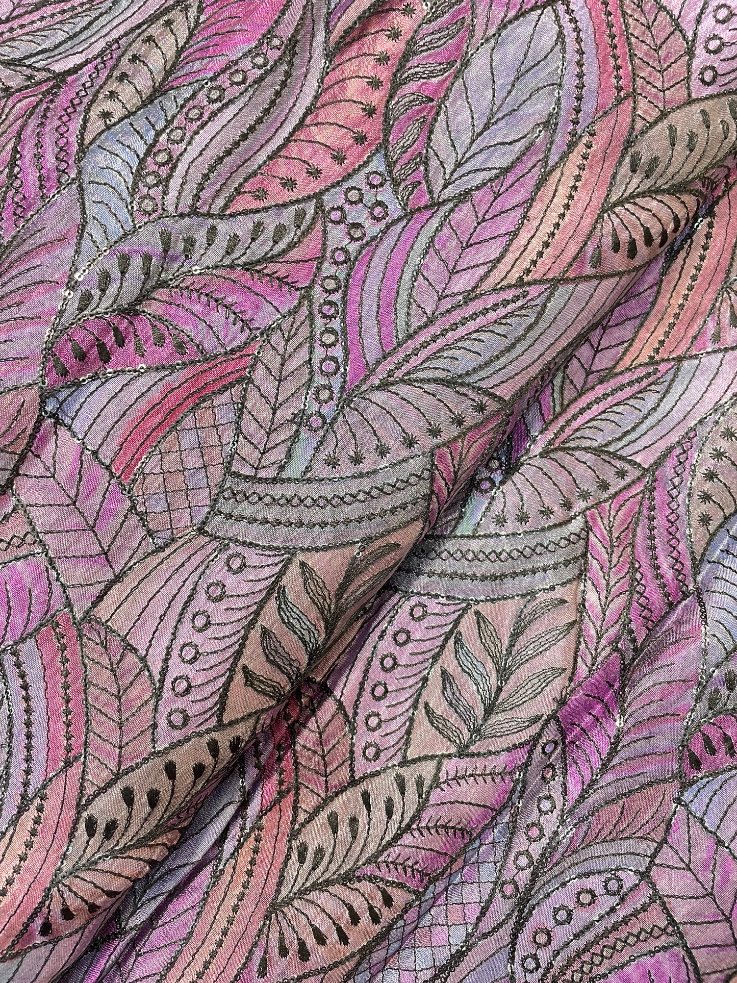 Magnificent Top Notch Leafy Thread Embroidery And Print With Sequin Work On Pure Silk Fabric